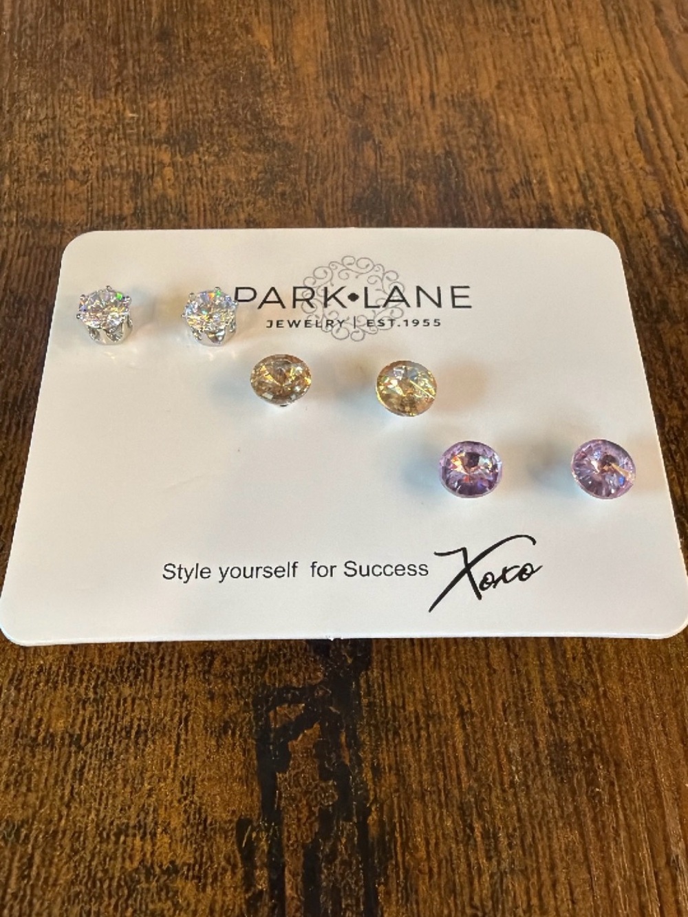 Park Lane Three-Pair Crystal Stud Earring Set — Clear, Champagne, Lavender